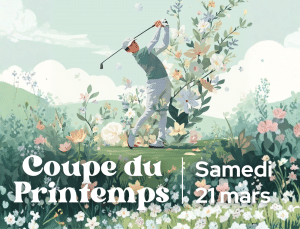 Illustration d’un golfeur avec des fleurs en arrière-plan annonçant la Coupe du Printemps à Golf Up