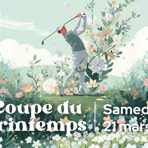 Illustration d’un golfeur avec des fleurs en arrière-plan annonçant la Coupe du Printemps à Golf Up